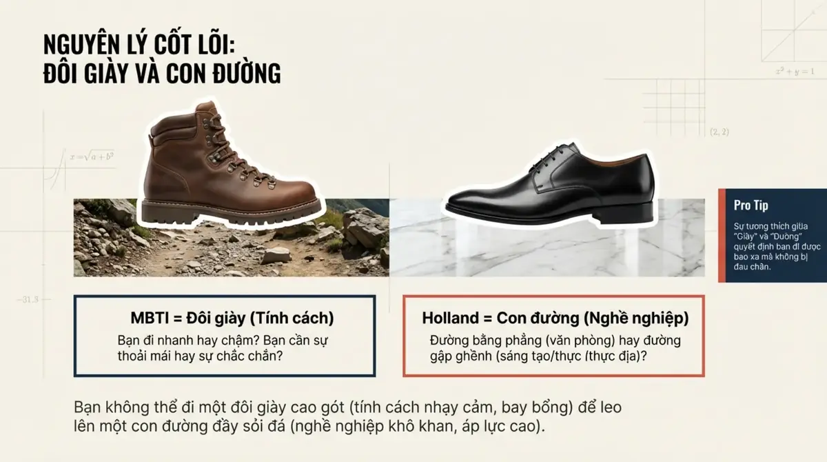 Minh họa đôi giày leo núi và đôi giày da: MBTI là đôi giày, Holland là con đường