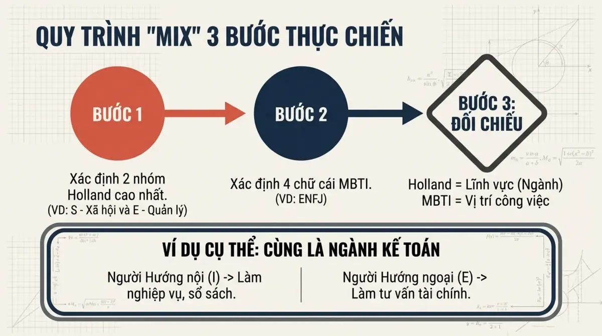 Sơ đồ quy trình ba bước ghép Holland và MBTI, kèm ví dụ ngành kế toán