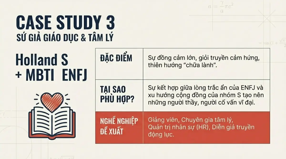 Thẻ ví dụ Holland nhóm S kết hợp MBTI ENFJ với đặc điểm và nghề nghiệp đề xuất