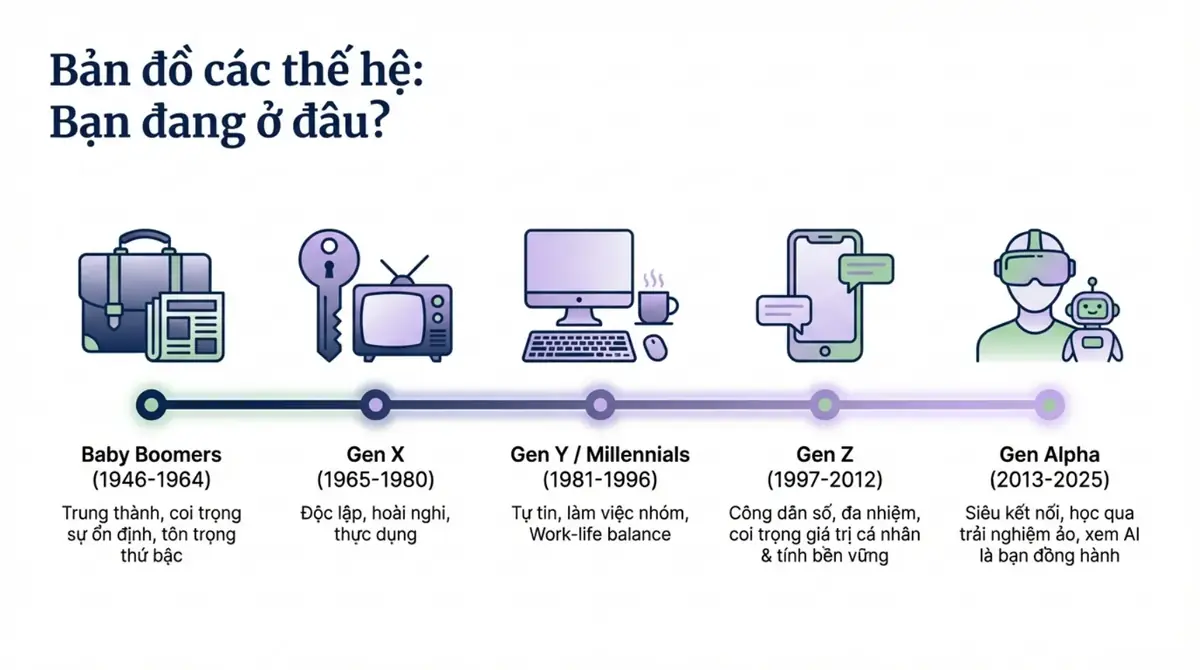Dòng thời gian năm thế hệ từ Baby Boomers, Gen X, Gen Y đến Gen Z và Gen Alpha kèm đặc điểm