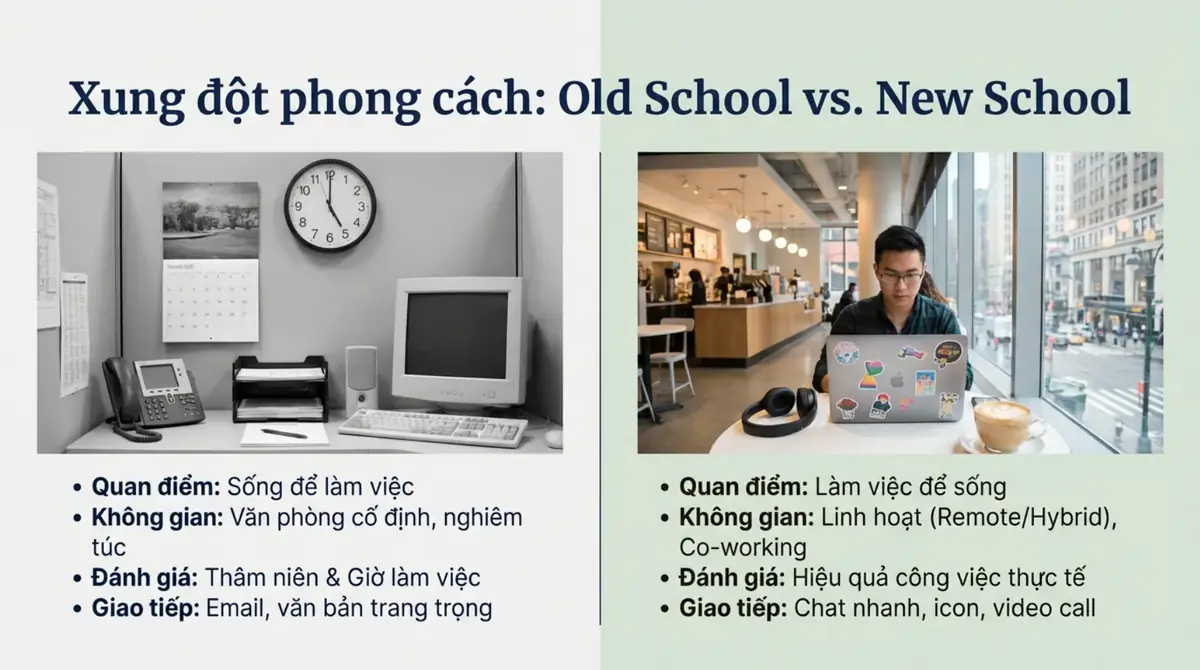 So sánh văn phòng truyền thống và không gian làm việc linh hoạt, kèm quan điểm, cách đánh giá và giao tiếp