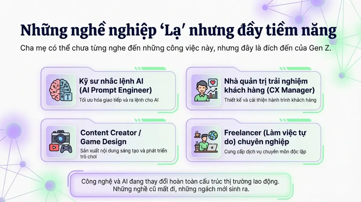 Bốn nghề mới mà thế hệ trẻ hướng tới: kỹ sư nhắc lệnh AI, quản trị trải nghiệm khách hàng, sáng tạo nội dung, làm tự do