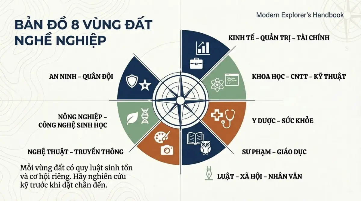 Vòng tròn chia tám vùng: kinh tế, khoa học kỹ thuật, y dược, sư phạm, luật, nghệ thuật, nông nghiệp, an ninh