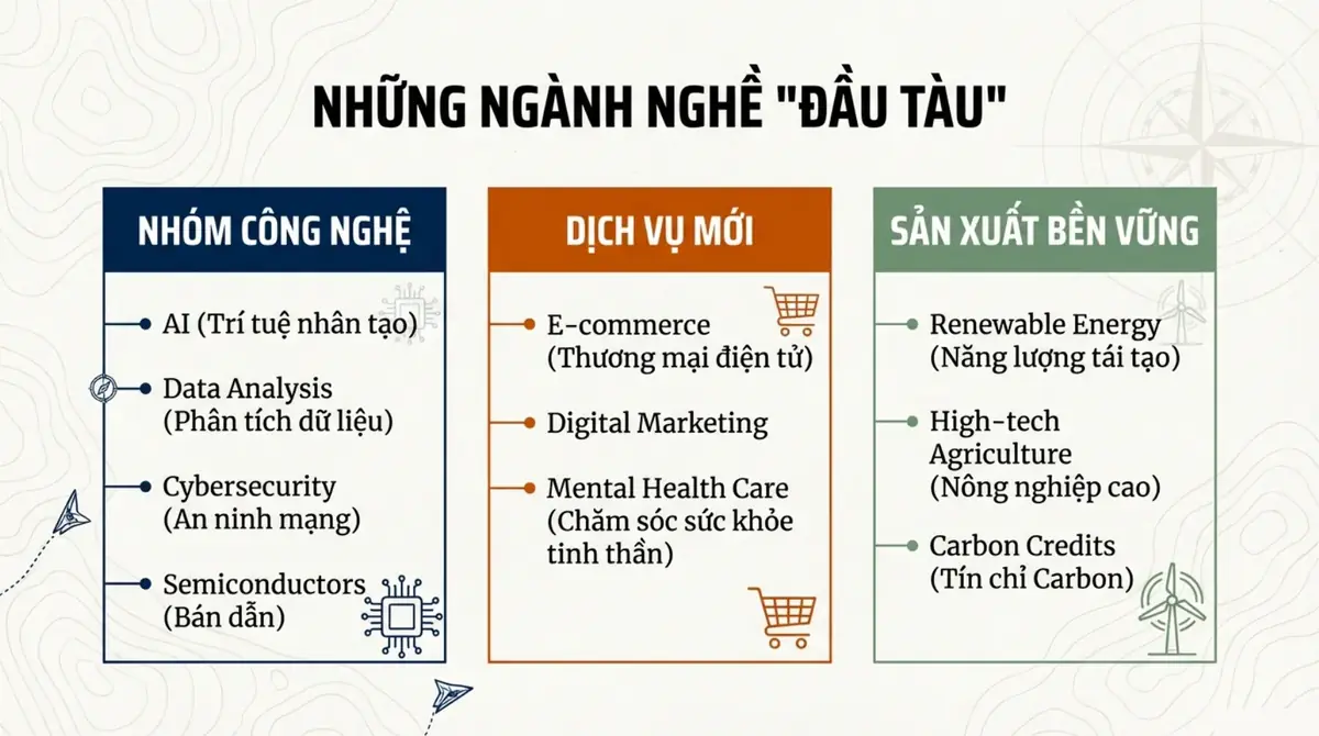 Ba cột ngành đầu tàu: nhóm công nghệ, dịch vụ mới và sản xuất bền vững cùng các ngành tiêu biểu