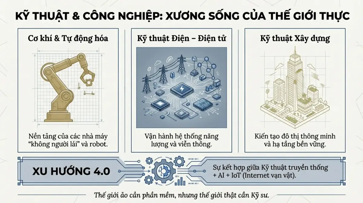 Ba ô minh họa cơ khí tự động hóa, kỹ thuật điện điện tử và kỹ thuật xây dựng, kèm xu hướng kết hợp AI và IoT
