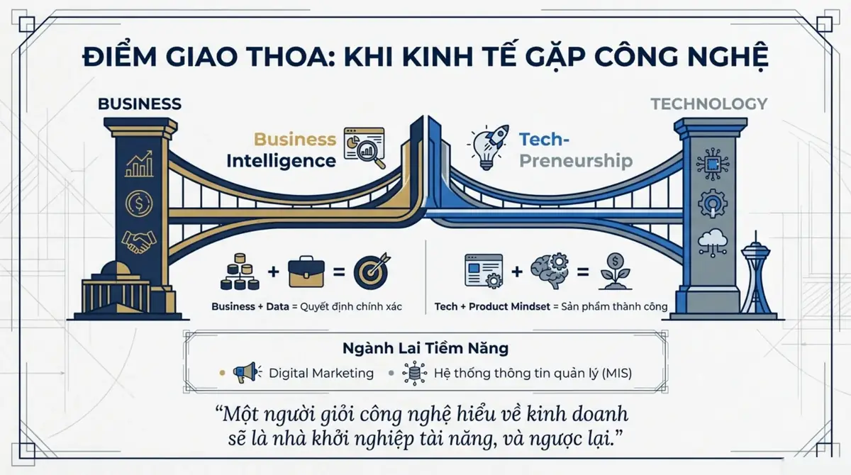 Cây cầu nối trụ kinh doanh và trụ công nghệ, kèm các ngành lai như Marketing số và Hệ thống thông tin quản lý