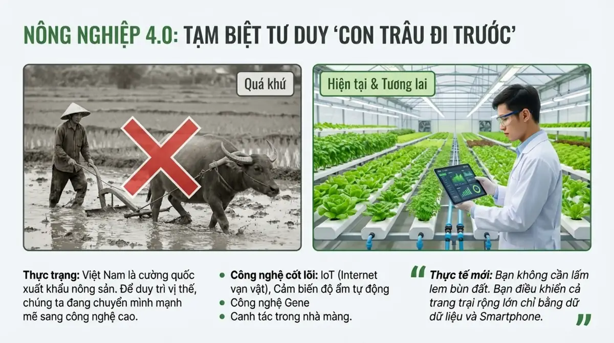 So sánh người cày ruộng với trâu và kỹ sư cầm máy tính bảng trong nhà màng trồng rau thủy canh