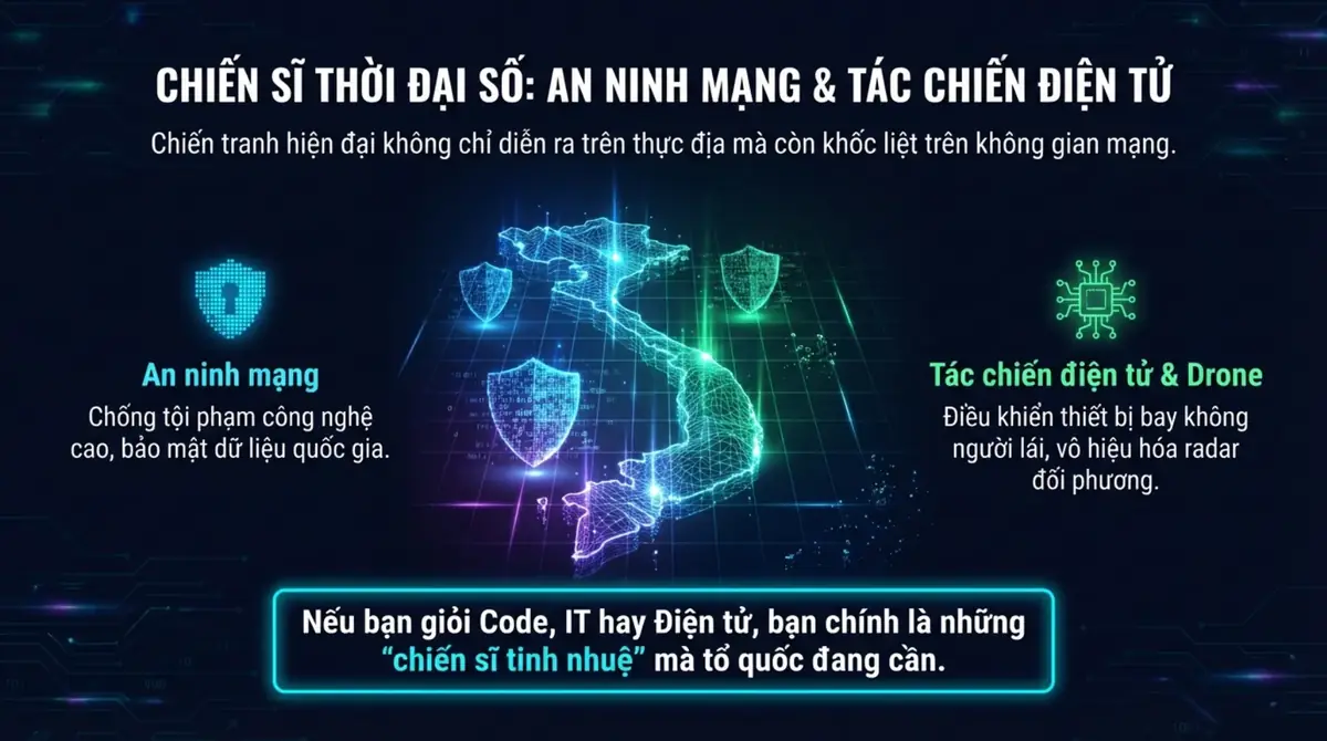 Bản đồ Việt Nam dạng lưới số với hai mảng an ninh mạng và tác chiến điện tử, thiết bị bay không người lái