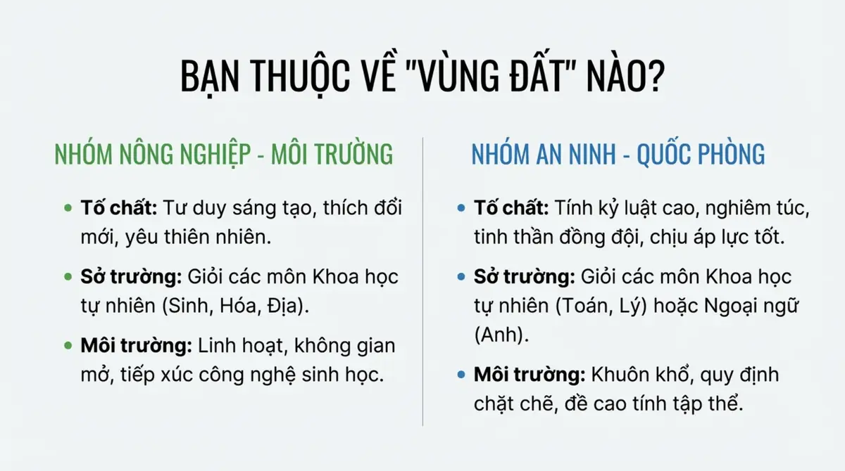 Bảng so sánh tố chất, sở trường môn học và môi trường làm việc của nhóm nông nghiệp và nhóm an ninh quốc phòng