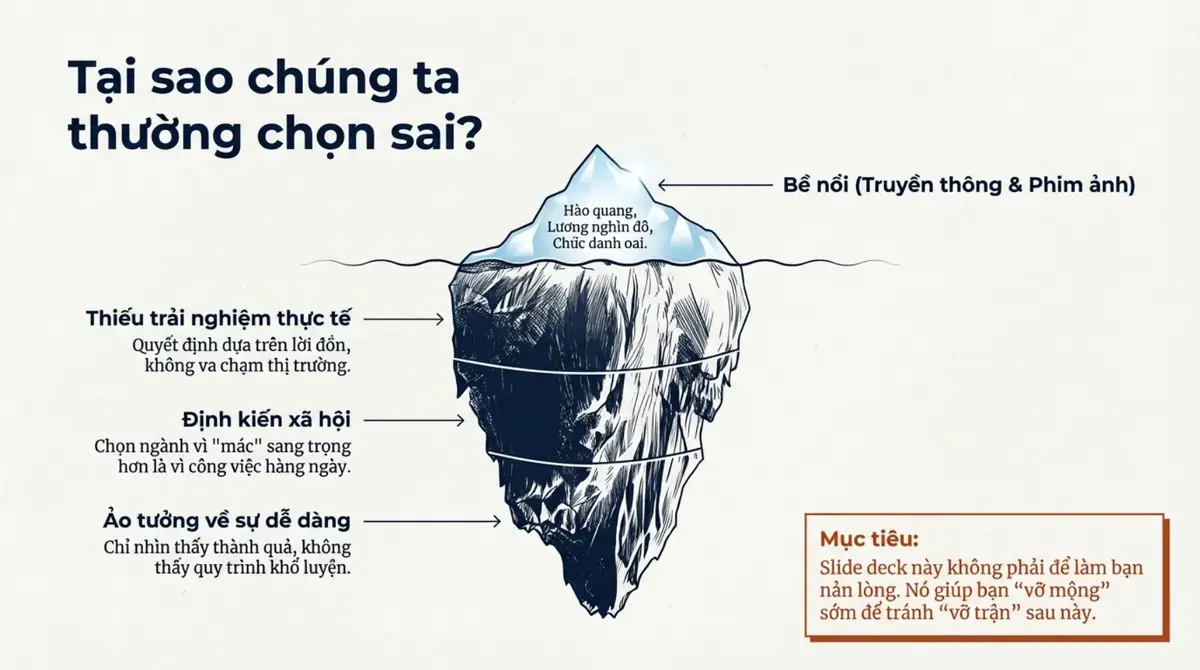 Tảng băng trôi: phần nổi là hào quang, lương cao; phần chìm là thiếu trải nghiệm, định kiến và ảo tưởng dễ dàng