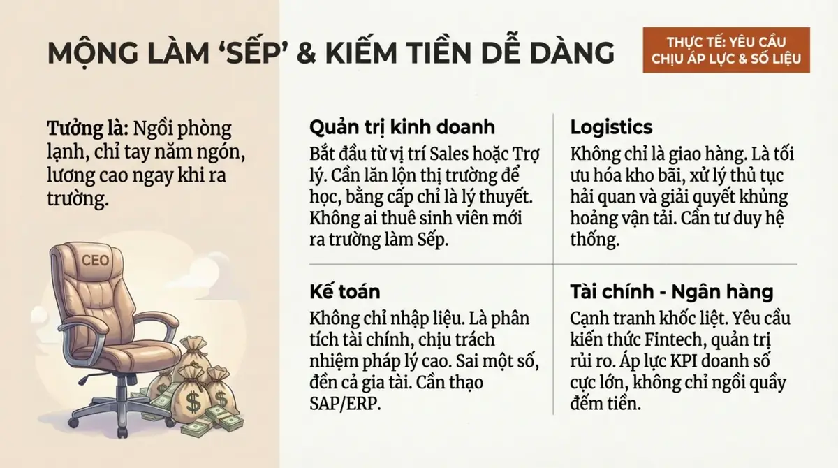 Ghế giám đốc cạnh túi tiền, bên cạnh bốn ô thực tế của Quản trị kinh doanh, Logistics, Kế toán, Tài chính ngân hàng