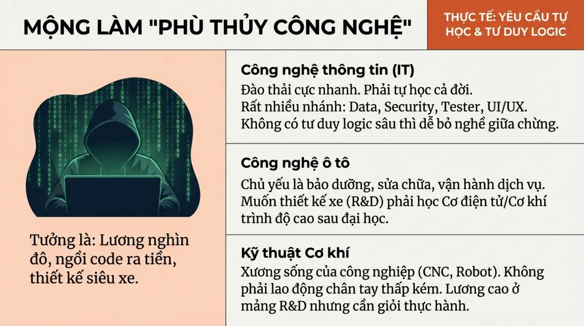Người ngồi trước máy tính giữa dòng mã, bên cạnh thực tế của ngành Công nghệ thông tin, Công nghệ ô tô, Kỹ thuật cơ khí