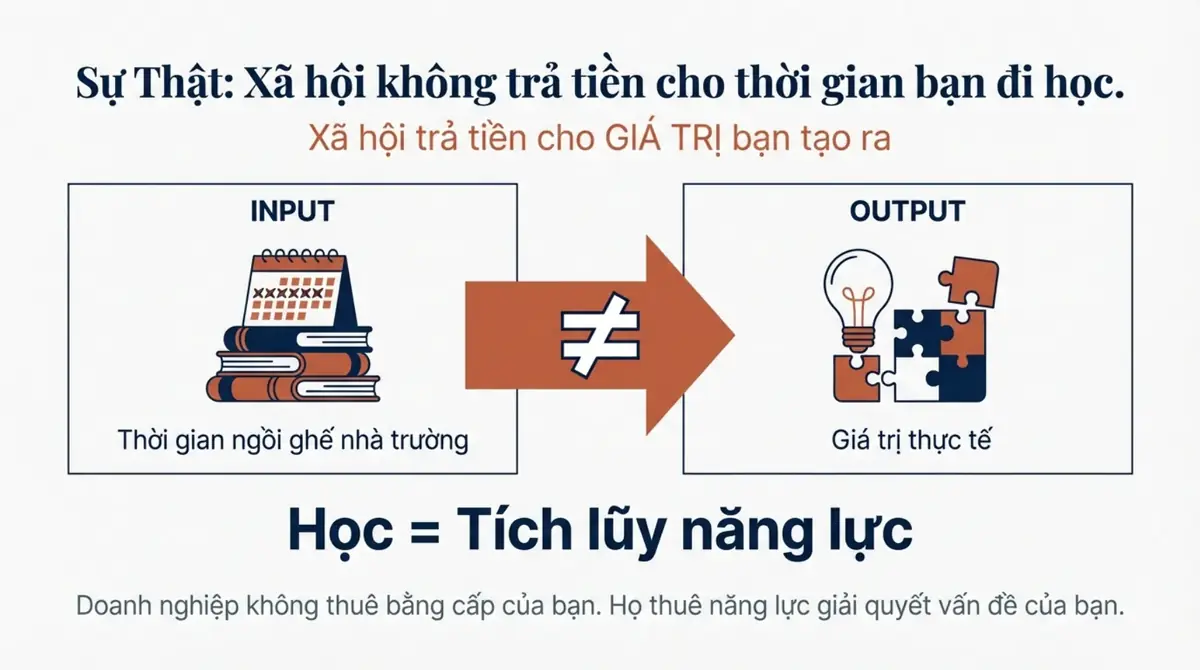 Sơ đồ so sánh thời gian ngồi ghế nhà trường với giá trị thực tế người học tạo ra