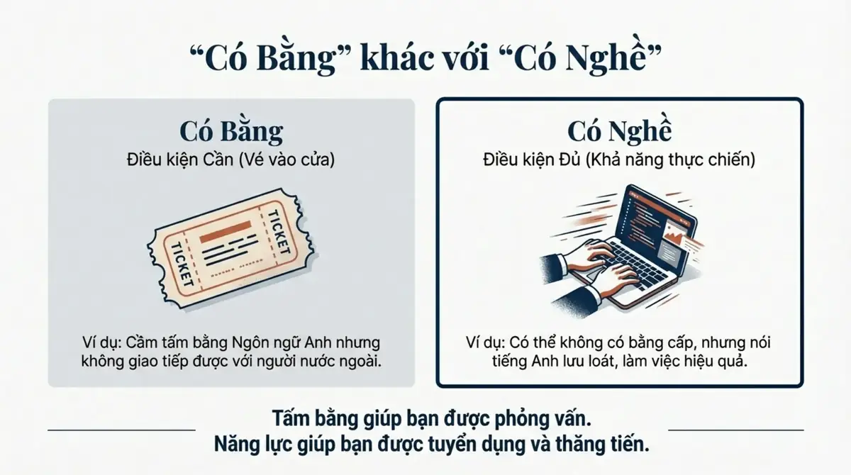 Hai ô so sánh có bằng là vé vào cửa và có nghề là khả năng làm được việc