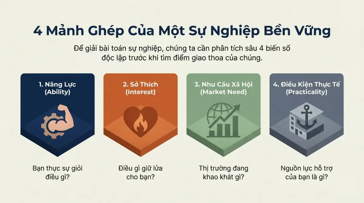 Bốn ô màu biểu thị bốn mảnh ghép của sự nghiệp: năng lực, sở thích, nhu cầu xã hội, điều kiện thực tế