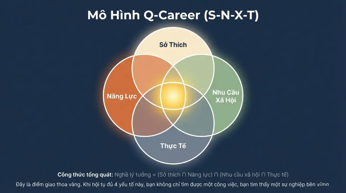 Sơ đồ bốn vòng tròn sở thích, năng lực, nhu cầu xã hội và thực tế giao nhau ở tâm