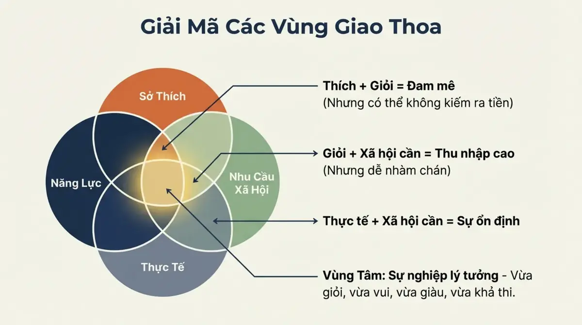 Sơ đồ giải thích các vùng giao giữa sở thích, năng lực, nhu cầu xã hội và thực tế