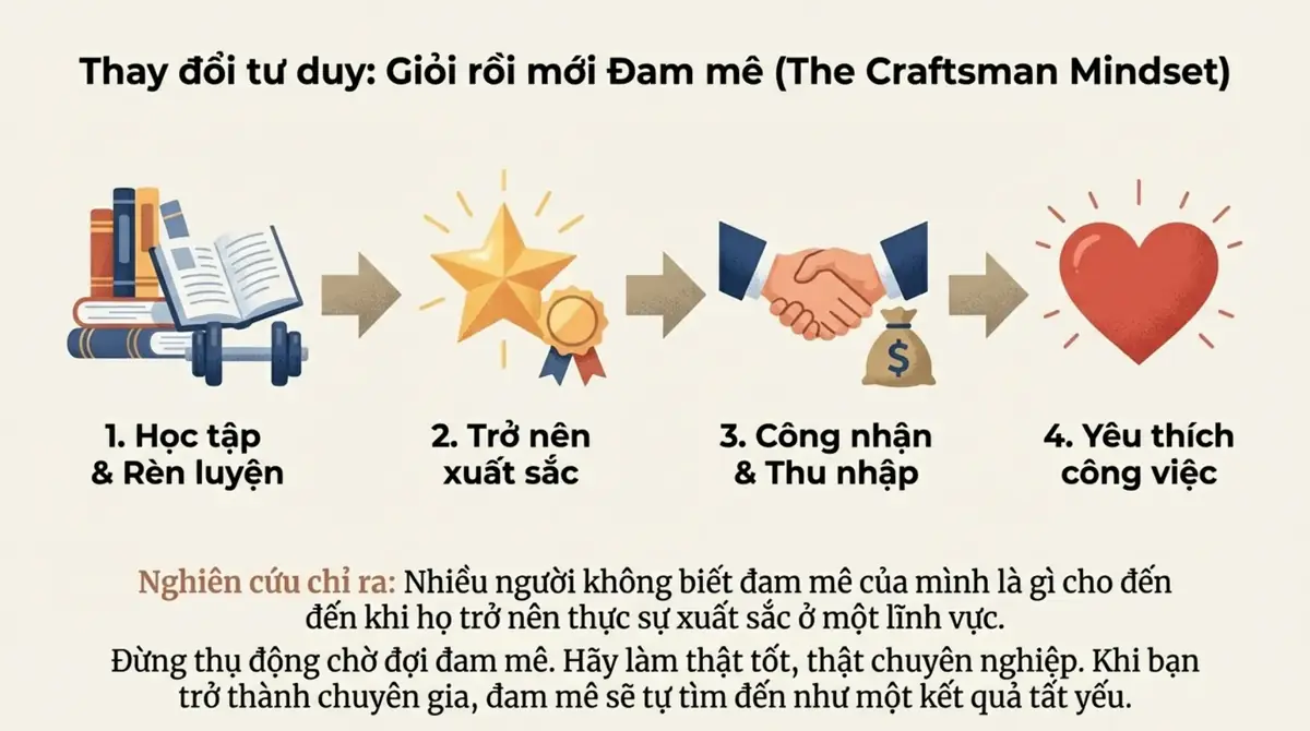 Chuỗi bốn bước học tập rèn luyện, trở nên xuất sắc, được công nhận và có thu nhập, rồi yêu thích công việc