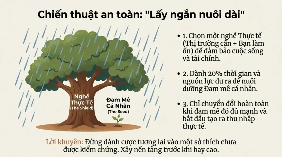 Cây lớn nghề thực tế che chở cho cây non đam mê cá nhân giữa trời mưa