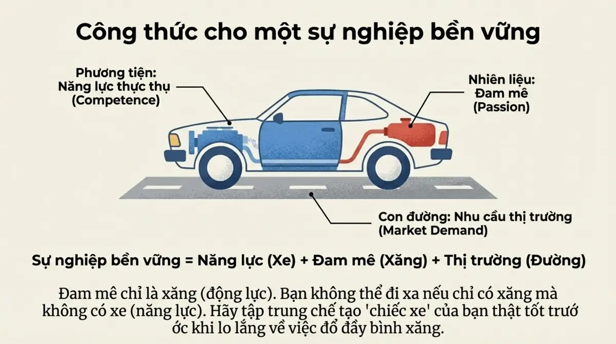 Hình chiếc xe minh họa năng lực là xe, đam mê là xăng và nhu cầu thị trường là con đường
