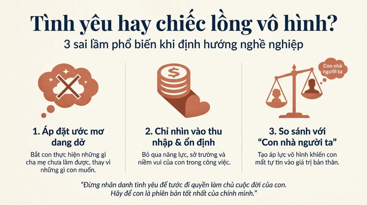 Ba biểu tượng cho ba sai lầm: áp đặt ước mơ dang dở, chỉ nhìn thu nhập ổn định, so sánh với con nhà người ta