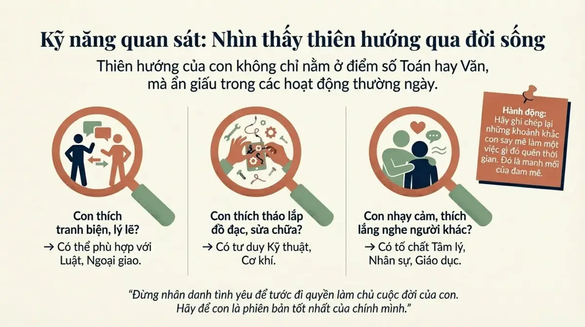 Ba ví dụ quan sát thiên hướng: con thích tranh biện, thích tháo lắp đồ đạc, nhạy cảm và hay lắng nghe