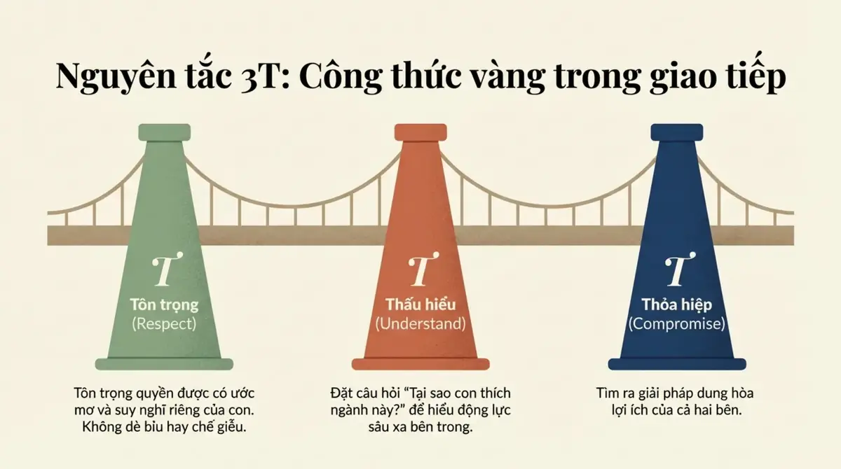 Ba trụ cầu ghi tôn trọng, thấu hiểu, thỏa hiệp nối hai bờ của một cây cầu