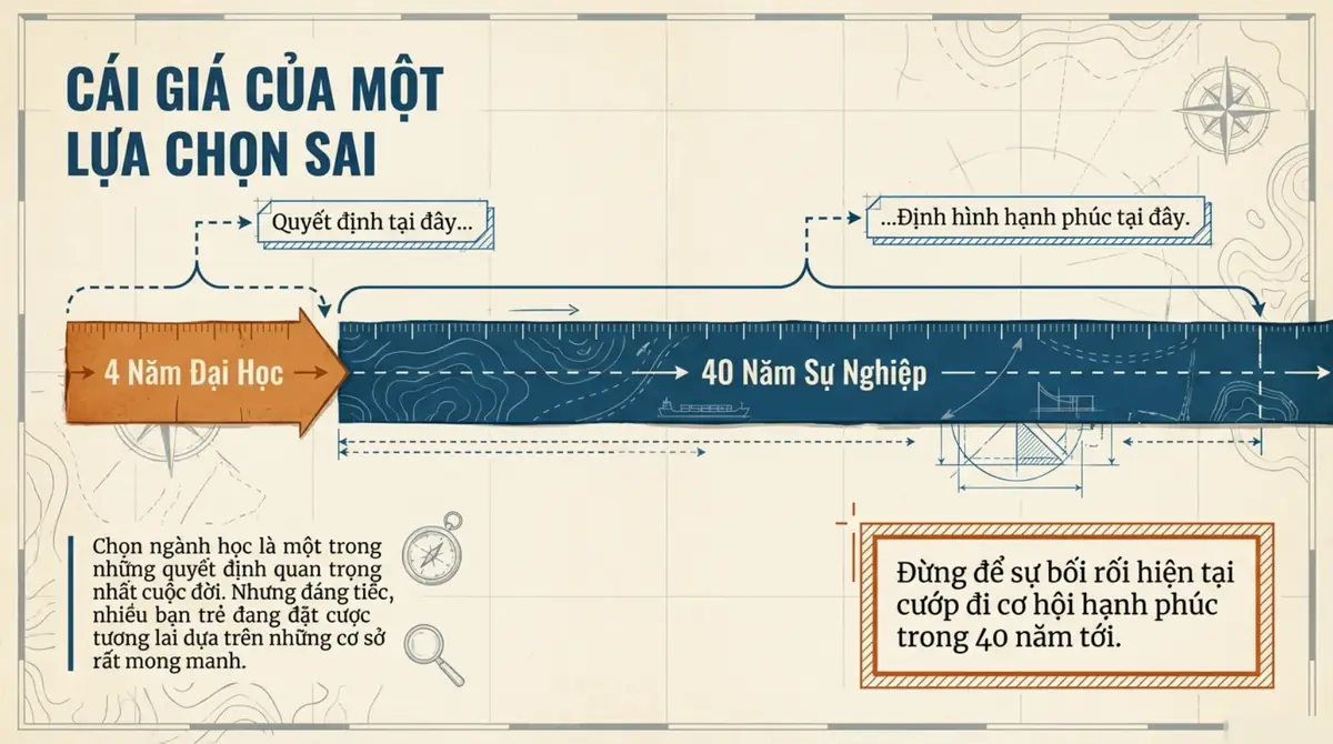 Thước kẻ chia bốn năm đại học và bốn mươi năm sự nghiệp, minh họa cái giá của lựa chọn sai
