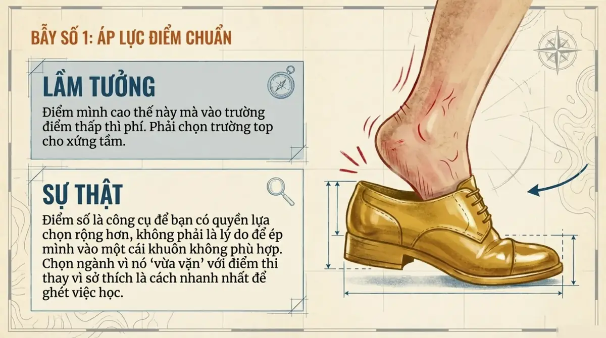 Bàn chân cố xỏ vào chiếc giày vàng quá chật, minh họa việc chọn ngành chỉ vì vừa điểm thi