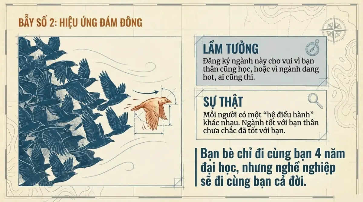 Đàn chim bay cùng một hướng, một con chim màu cam tách ra bay hướng khác