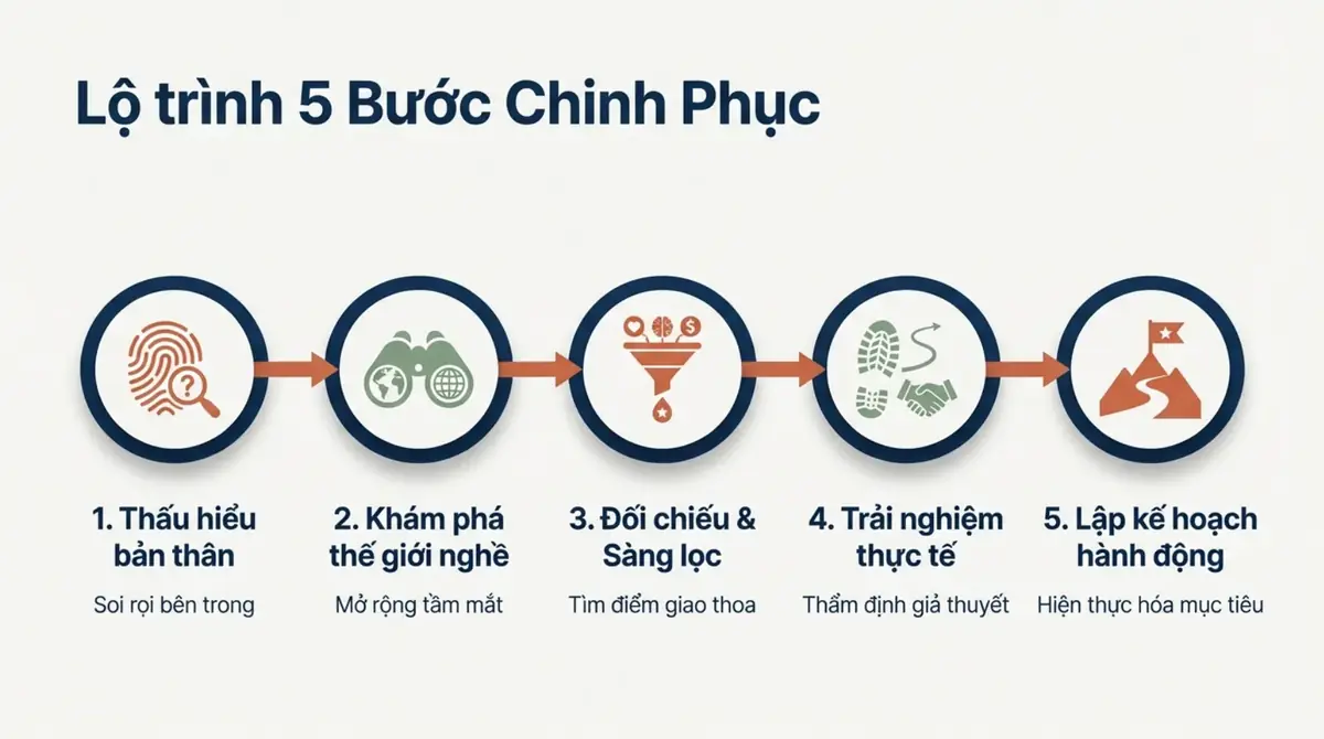 Năm vòng tròn nối nhau biểu thị năm bước chọn ngành: thấu hiểu bản thân, khám phá nghề, đối chiếu, trải nghiệm, lập kế hoạch