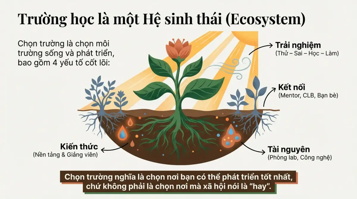 Sơ đồ cái cây minh họa trường học là hệ sinh thái gồm kiến thức, tài nguyên, kết nối và trải nghiệm