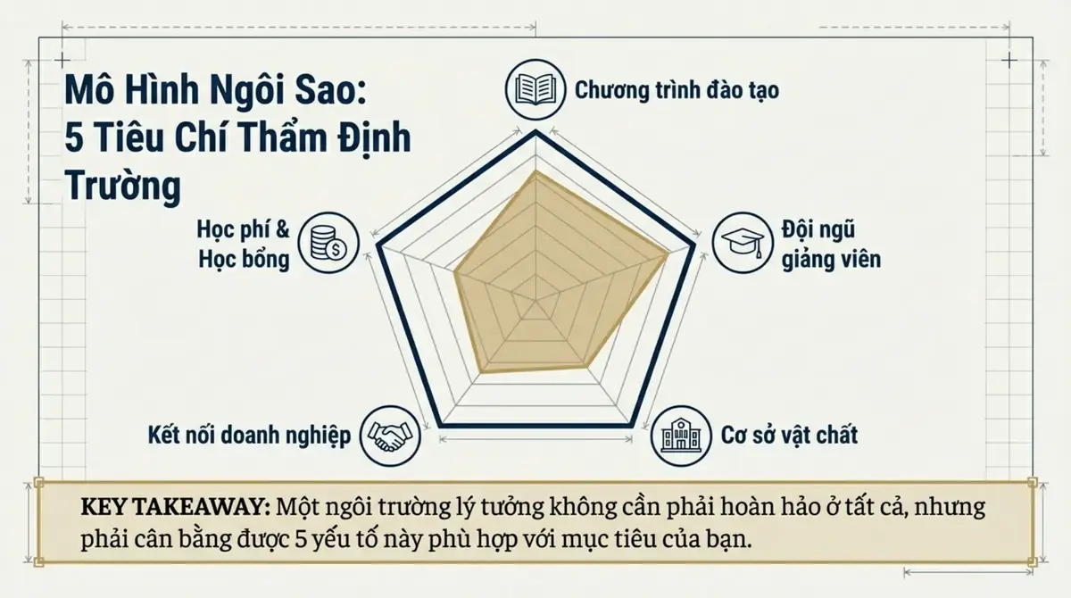 Biểu đồ ngôi sao năm cánh gồm chương trình, giảng viên, cơ sở vật chất, kết nối doanh nghiệp, học phí