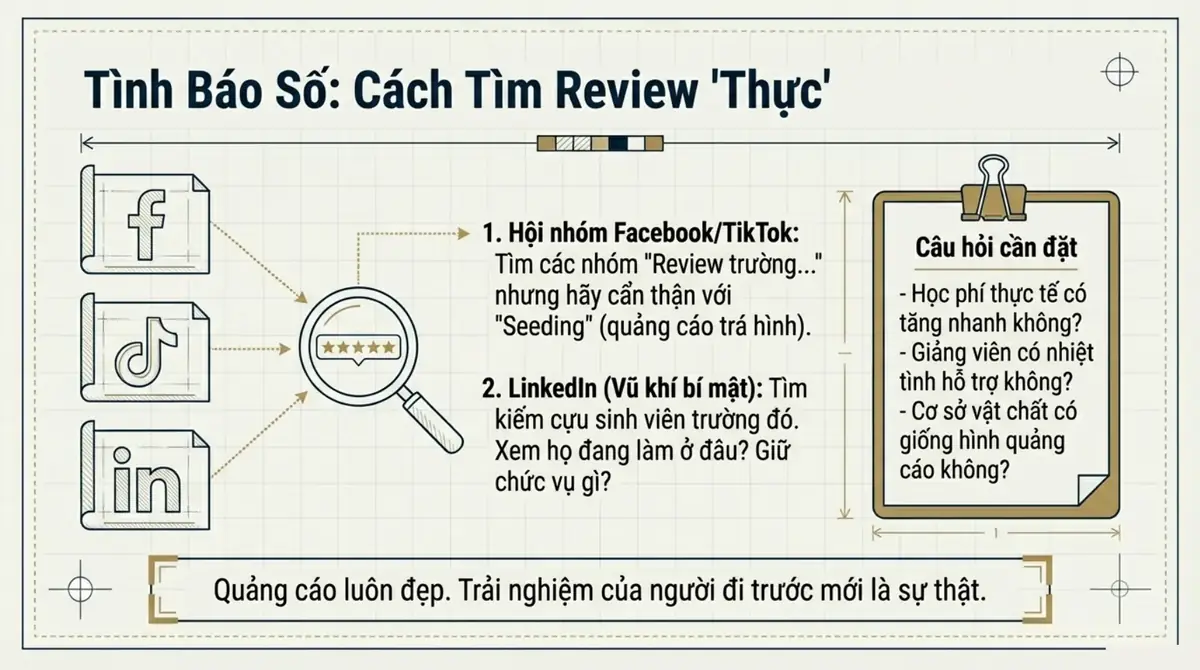 Biểu tượng Facebook, TikTok, LinkedIn và kính lúp, kèm danh sách câu hỏi nên đặt cho cựu sinh viên