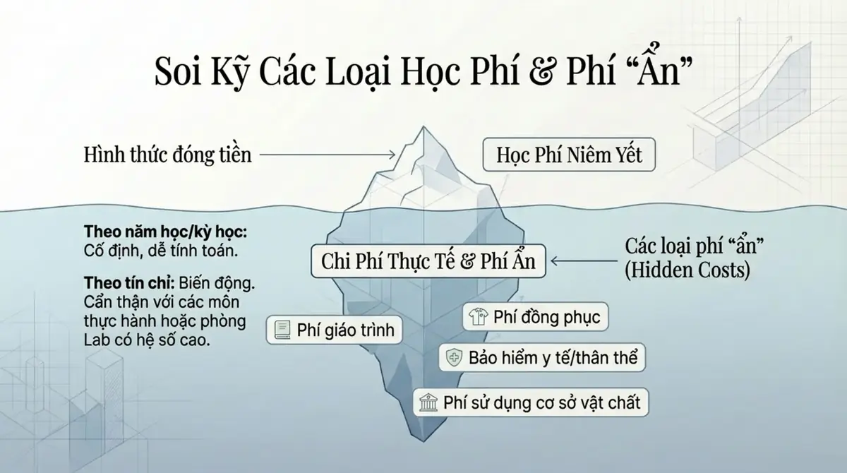 Tảng băng trôi: học phí niêm yết ở phần nổi, phí giáo trình, đồng phục, bảo hiểm ở phần chìm