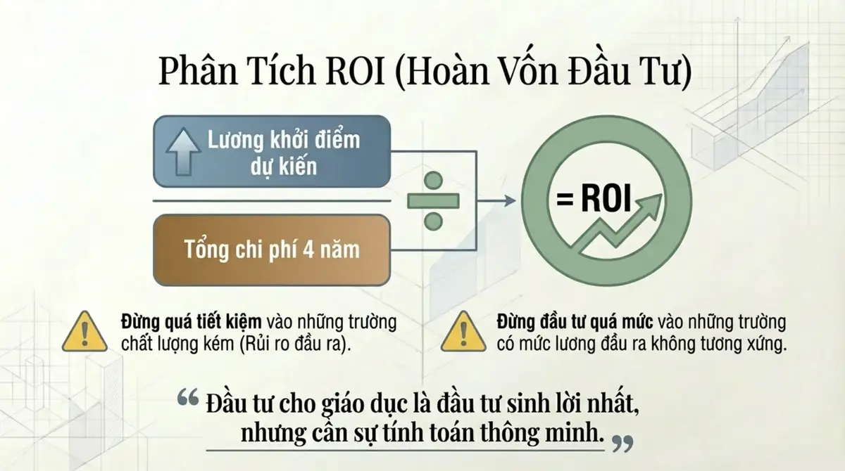 Công thức ROI: lương khởi điểm dự kiến chia cho tổng chi phí 4 năm