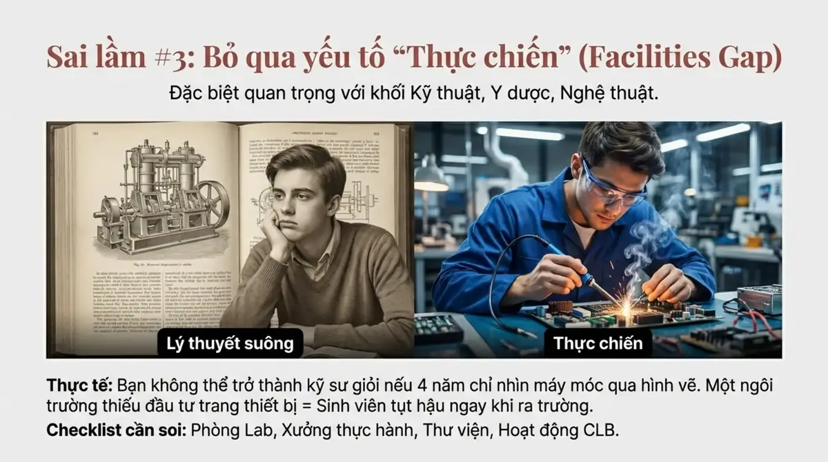 So sánh sinh viên chỉ đọc sách lý thuyết với sinh viên đang thao tác thiết bị trong xưởng