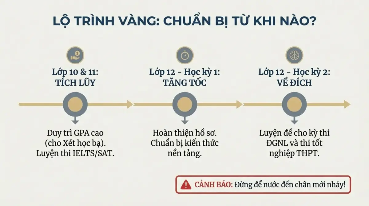 Dòng thời gian chuẩn bị xét tuyển: lớp 10 và 11 tích lũy, học kỳ 1 lớp 12 tăng tốc, học kỳ 2 về đích