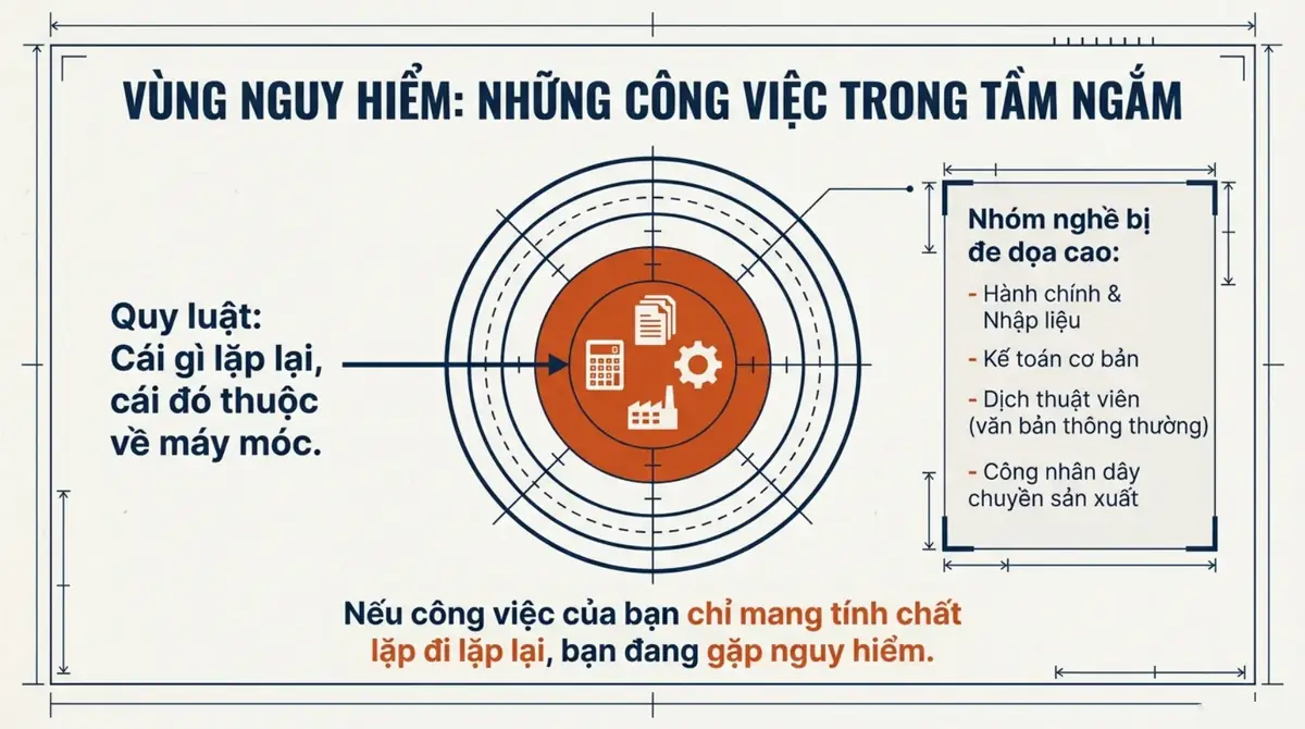 Sơ đồ vòng tròn các nhóm nghề bị đe dọa cao: hành chính nhập liệu, kế toán cơ bản, dịch thuật, công nhân dây chuyền