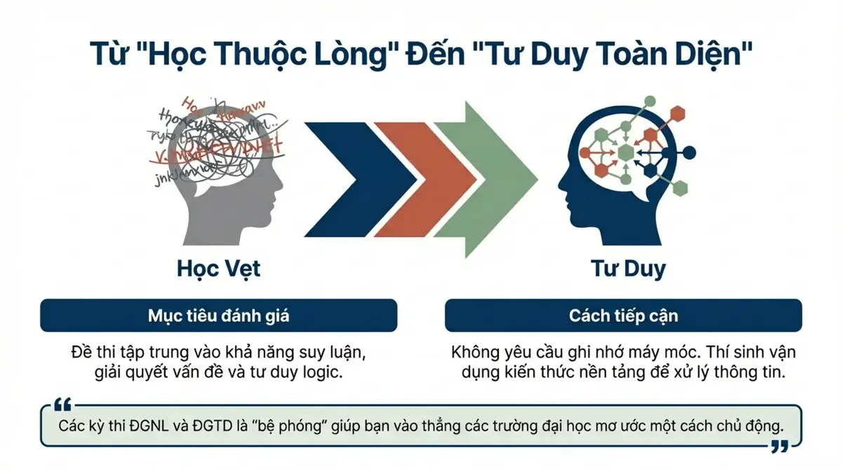 Hình chuyển từ bộ não học vẹt sang bộ não tư duy, mô tả mục tiêu đánh giá của kỳ thi riêng