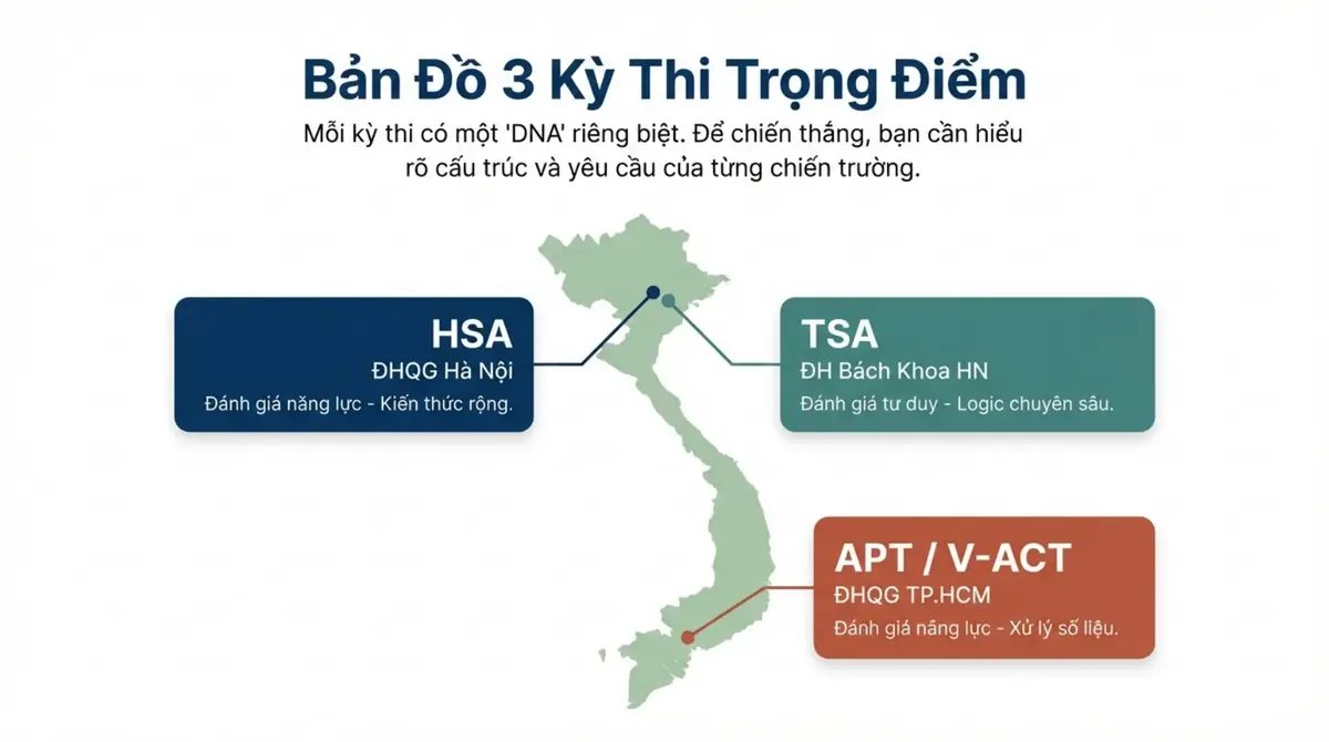 Bản đồ Việt Nam đánh dấu ba kỳ thi HSA, TSA ở Hà Nội và V-ACT ở TP.HCM