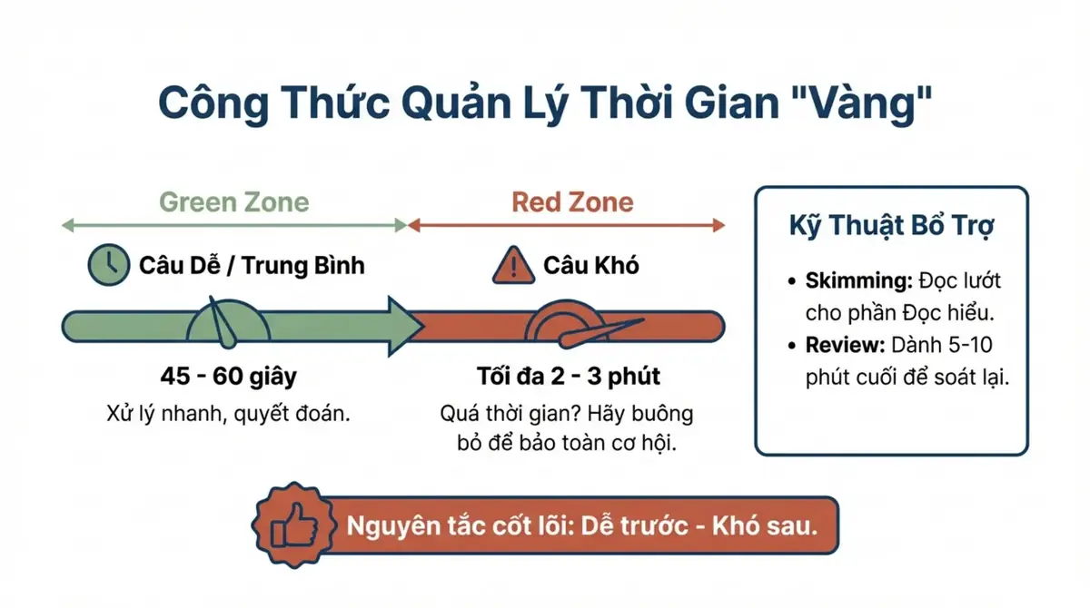 Thanh thời gian vùng xanh cho câu dễ 45 đến 60 giây và vùng đỏ cho câu khó tối đa 2 đến 3 phút