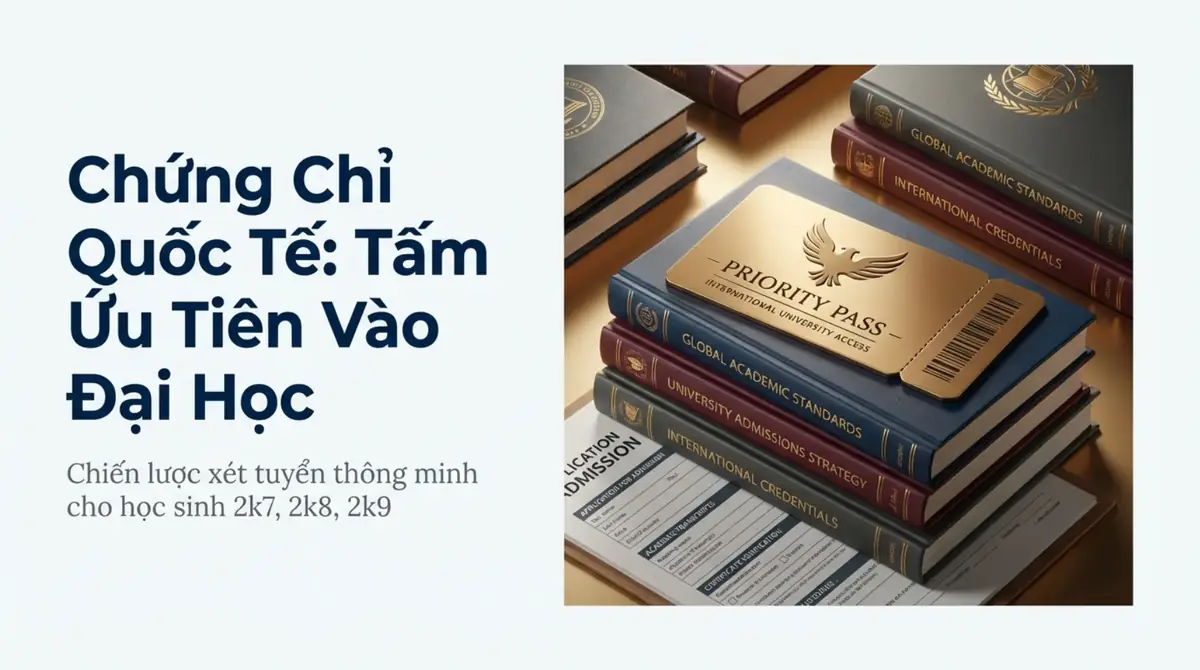 Tấm vé ưu tiên đặt trên chồng sách tượng trưng chứng chỉ quốc tế trong xét tuyển đại học
