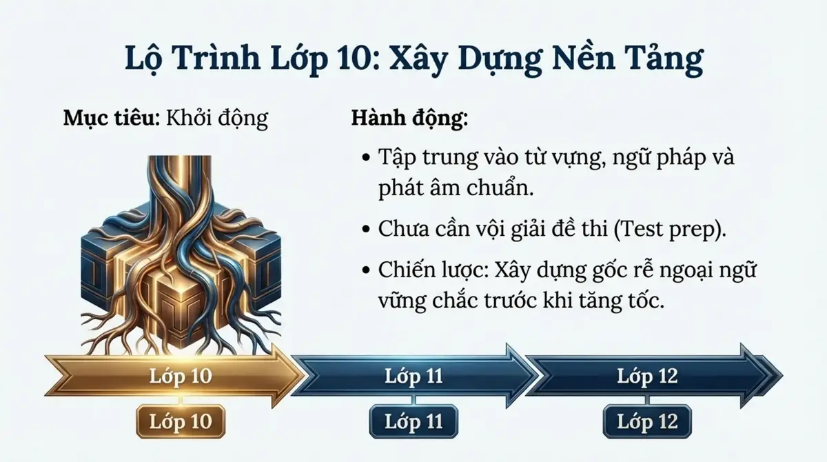 Mũi tên lộ trình ba năm lớp 10, 11, 12, nhấn vào lớp 10 là giai đoạn xây nền tảng ngoại ngữ