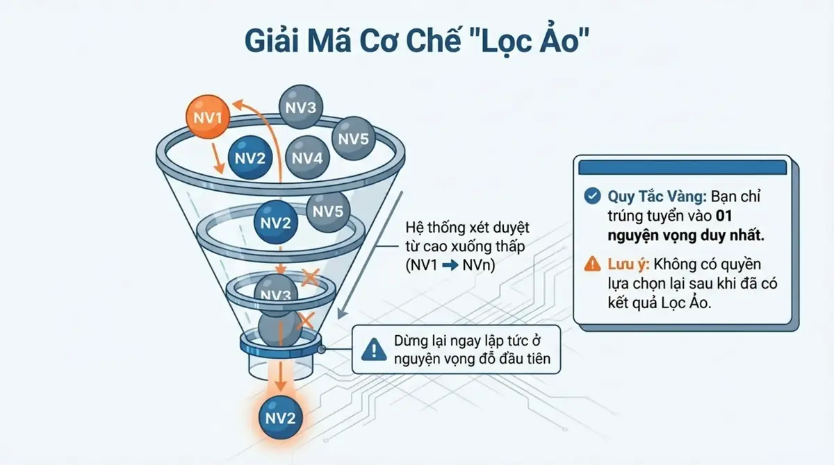 Phễu lọc ảo xét nguyện vọng từ cao xuống thấp, dừng ở nguyện vọng đỗ đầu tiên
