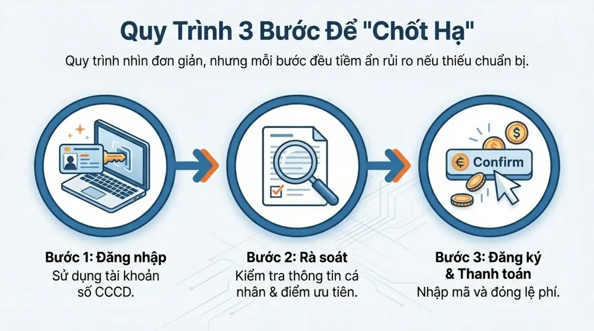 Ba bước đăng ký: đăng nhập, rà soát thông tin, đăng ký và thanh toán