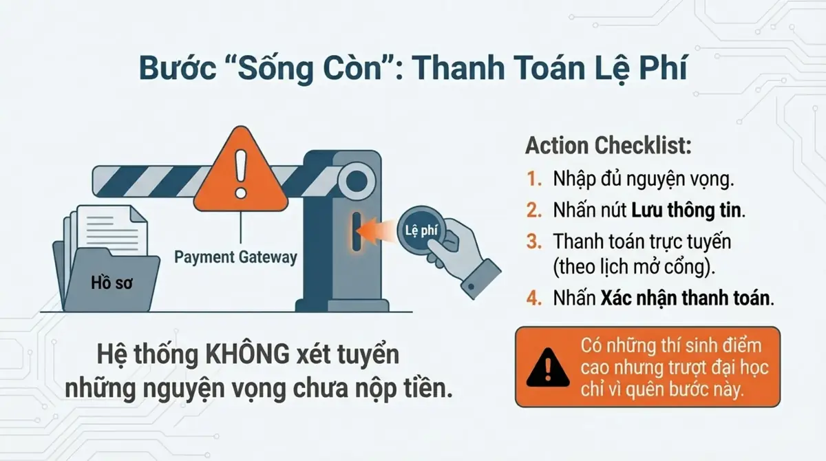 Thanh chắn thanh toán lệ phí và danh sách bốn bước: nhập nguyện vọng, lưu, thanh toán, xác nhận