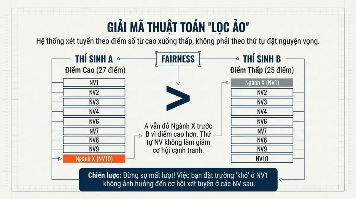 Minh họa lọc ảo: thí sinh điểm cao đặt ngành X ở nguyện vọng 10 vẫn đỗ trước thí sinh điểm thấp đặt ở nguyện vọng 1