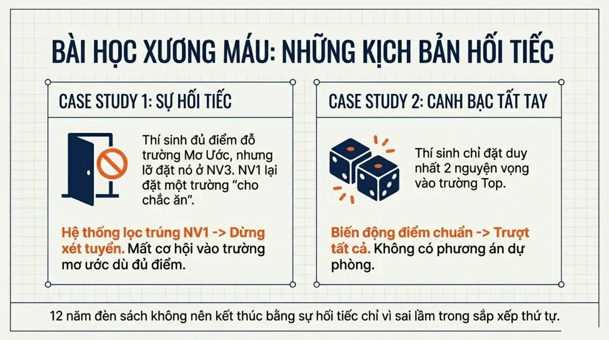 Hai tình huống minh họa: đặt trường mơ ước ở nguyện vọng 3 và chỉ đặt hai nguyện vọng vào trường top
