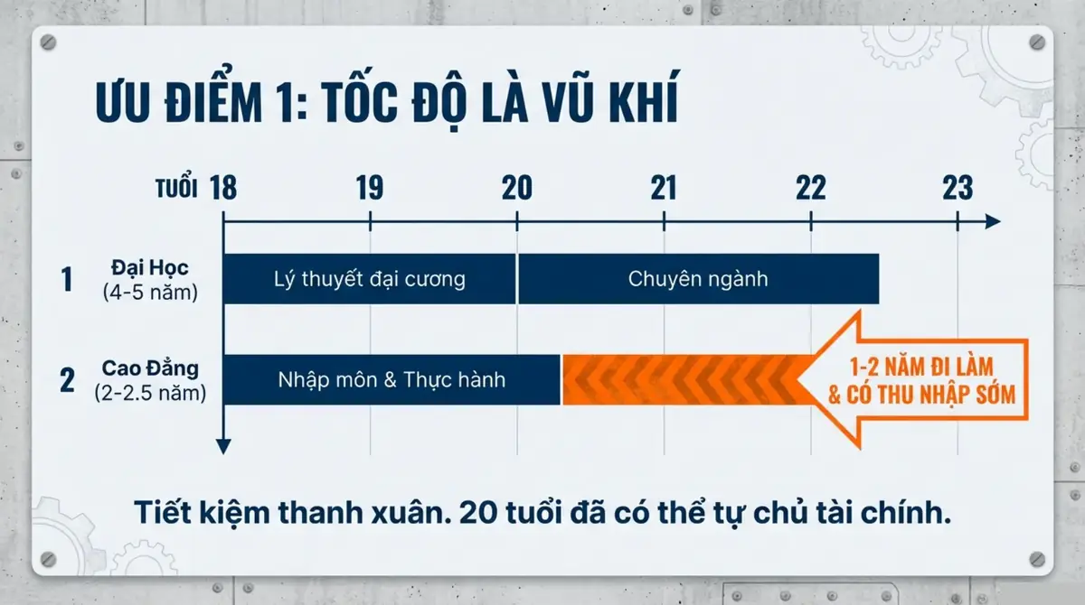 Trục thời gian từ 18 đến 23 tuổi so sánh lộ trình đại học bốn năm và cao đẳng hai năm rưỡi đi làm sớm